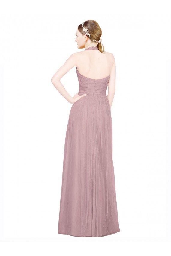 Affordable Ruffled Halter V-Neck Long Tulle Bridesmaid Dress with Pleats