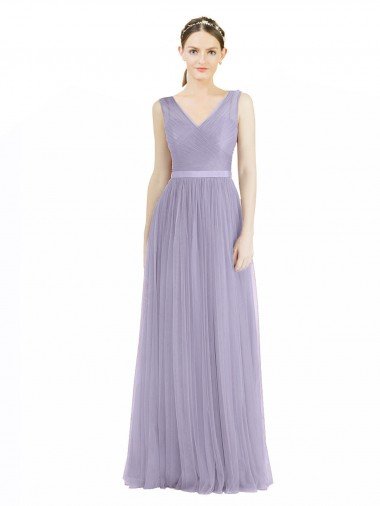 Affordable Wide Straps V-Neck Long Tulle Bridesmaids with Belt