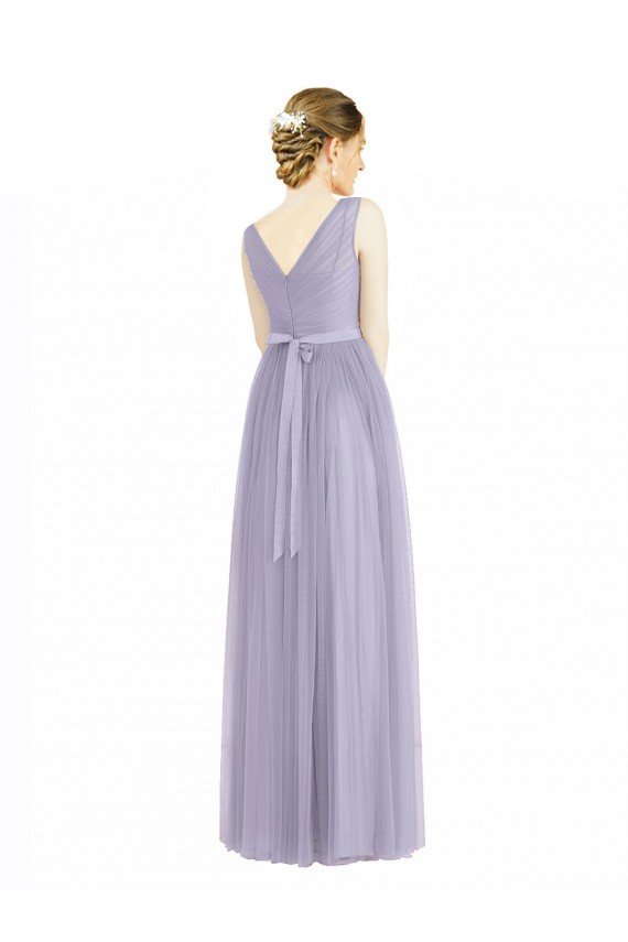 Affordable Wide Straps V-Neck Long Tulle Bridesmaids with Belt