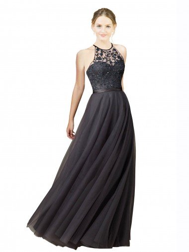 Affordable Sweetheart Neckline Long Sleeveless Tulle Bridesmaid Dress with Lace Bodice