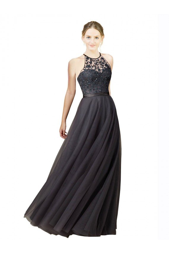 Affordable Sweetheart Neckline Long Sleeveless Tulle Bridesmaid Dress with Lace Bodice