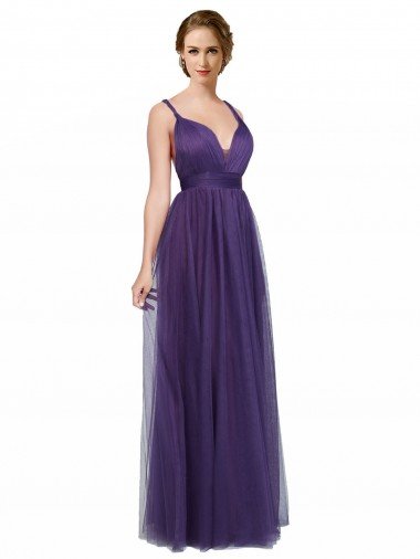 Affordable Twisted Straps Sweeheart Long Tulle Bridesmaid Dress Open Back