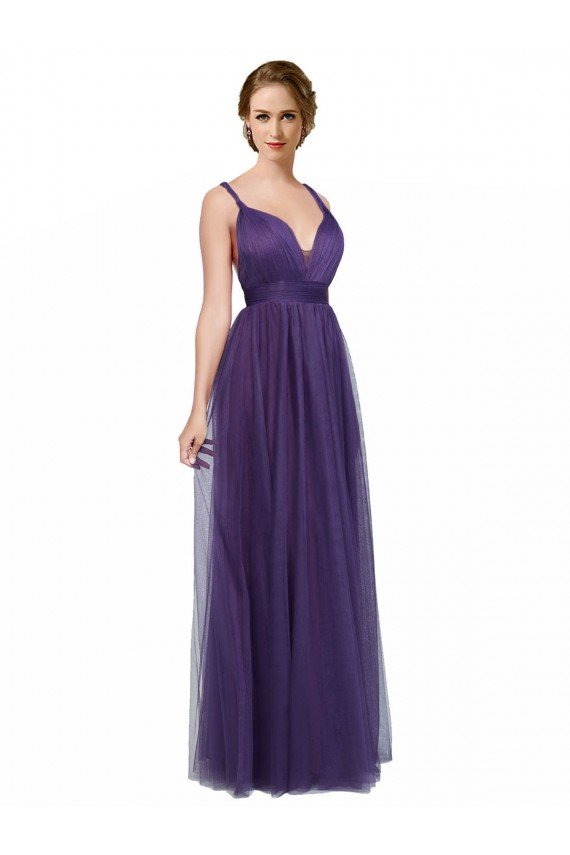 Affordable Twisted Straps Sweeheart Long Tulle Bridesmaid Dress Open Back