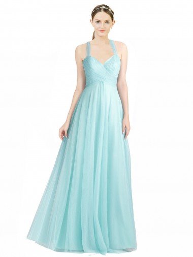 Affordable Ruched Sweetheart Neckline A-Line Tulle Bridesmaid Dress with Tie Open Back