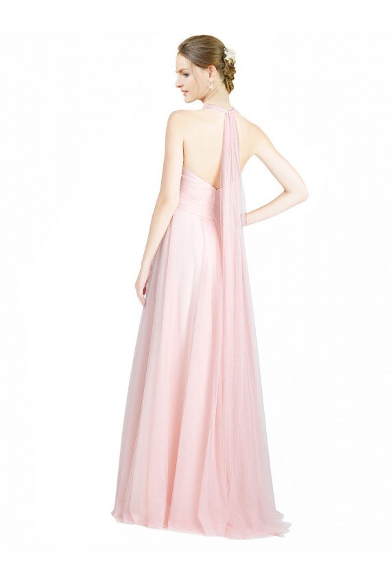 Affordable Ruched Sweetheart Neckline A-Line Tulle Bridesmaid Dress with Tie Open Back