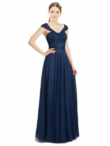 Affordable Ruched Sweetheart Long A-Line Tulle Bridesmaid Dress with Wide Straps and Tie Back