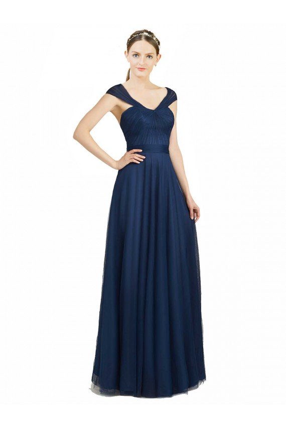 Affordable Ruched Sweetheart Long A-Line Tulle Bridesmaid Dress with Wide Straps and Tie Back