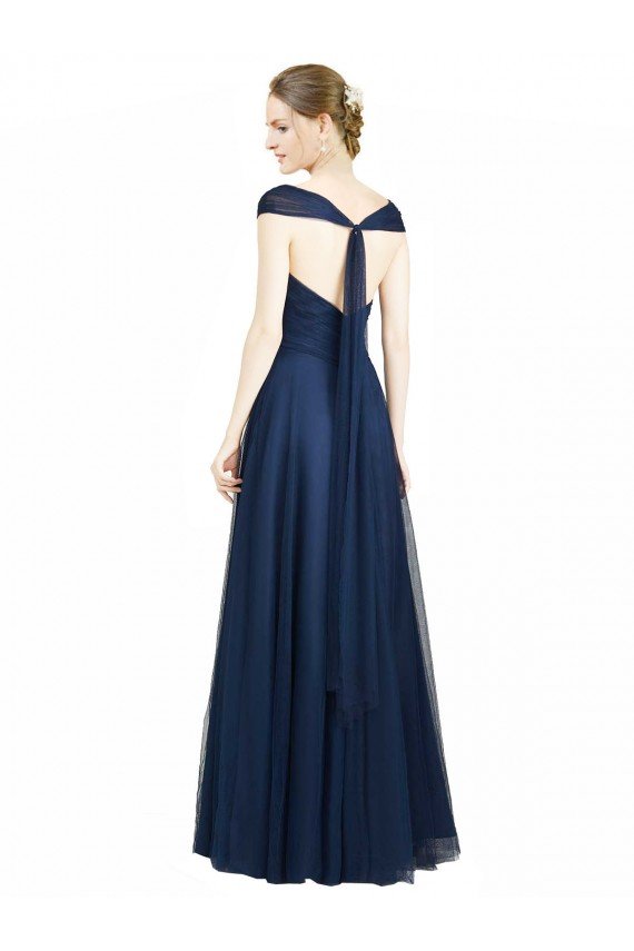 Affordable Ruched Sweetheart Long A-Line Tulle Bridesmaid Dress with Wide Straps and Tie Back