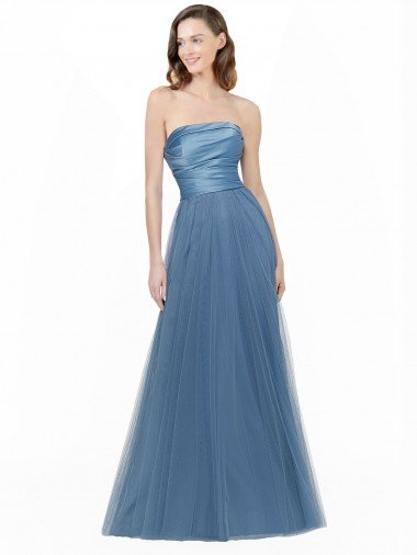 Affordable Long Strapless Bridesmaid Dress with Soft Tulle Overlay