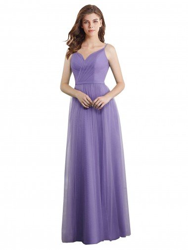 Affordable Sweetheart Deep V-Back Tulle Bridesmaid Dress with Draped Bodice