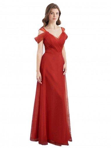 Affordable Cold Shoulder Pleated Wrap Tulle Bridesmaid Dress with Low V-Back