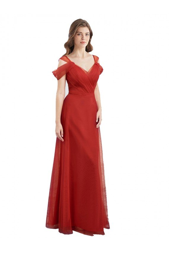 Affordable Cold Shoulder Pleated Wrap Tulle Bridesmaid Dress with Low V-Back