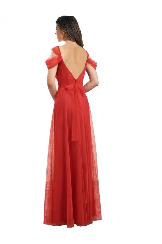 Affordable Cold Shoulder Pleated Wrap Tulle Bridesmaid Dress with Low V-Back