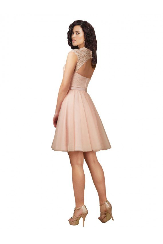 Affordable Lace and Tulle Bridesmaid Dress with Cap Sleeves and Keyhole Back