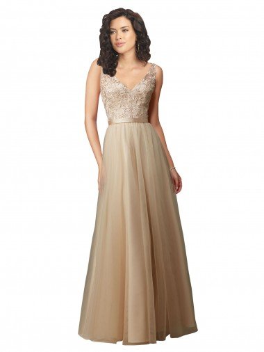Affordable Long Tulle Bridesmaid Dress with Embroidery and Beading