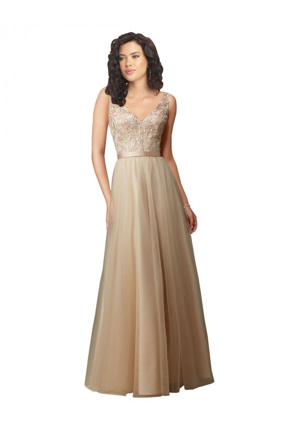 Affordable Long Tulle Bridesmaid Dress with Embroidery and Beading