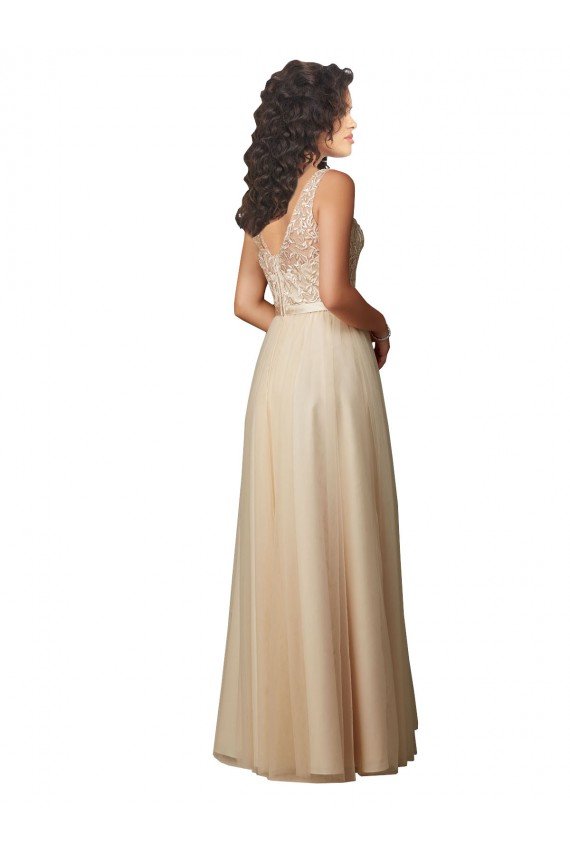 Affordable Long Tulle Bridesmaid Dress with Embroidery and Beading