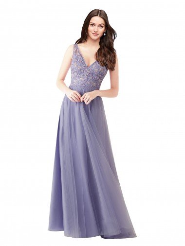 Affordable Sweetheart Tulle Bridesmaid Dress with Fully Embroidered V-Neck Bodice