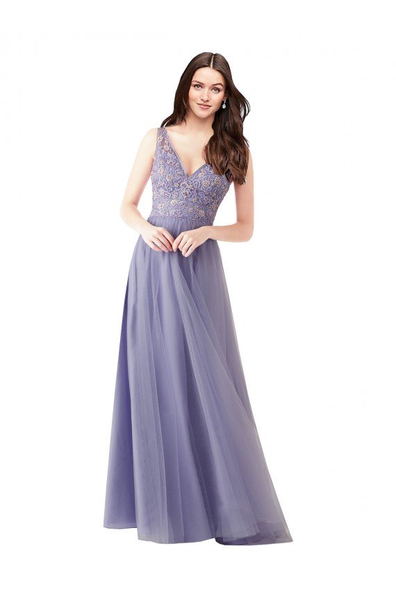 Affordable Sweetheart Tulle Bridesmaid Dress with Fully Embroidered V-Neck Bodice