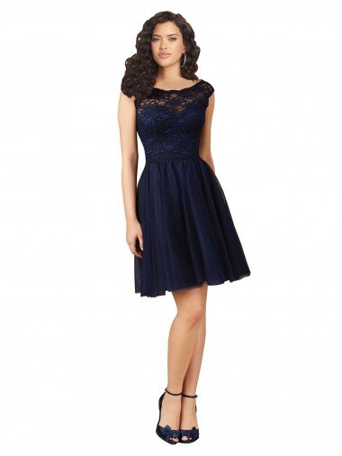 Affordable Short Bateau Neck Tulle Cocktail Bridesmaid Dress with Lace Bodice