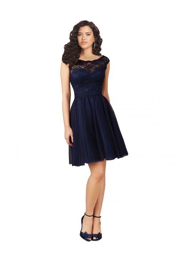 Affordable Short Bateau Neck Tulle Cocktail Bridesmaid Dress with Lace Bodice