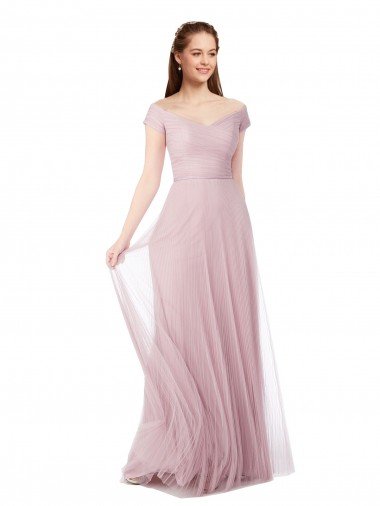 Affordable Off the Shoulder Long A-Line Tulle Bridesmaid Dress