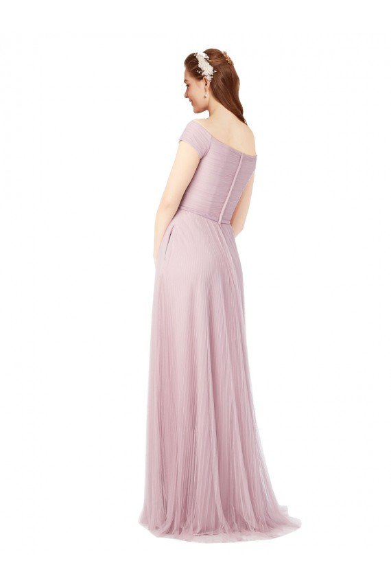 Affordable Off the Shoulder Long A-Line Tulle Bridesmaid Dress