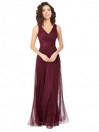 Affordable Long A-Line V-Neck Tulle Bridesmaid Dress