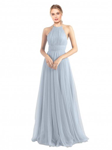 Affordable Halter Neckline Slim A-Line Tulle Bridesmaid Dress