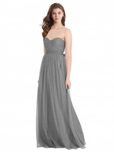 Affordable Shirred Strapless Bodice Long Tulle Bridesmaid Dress with Sweetheart Neckline