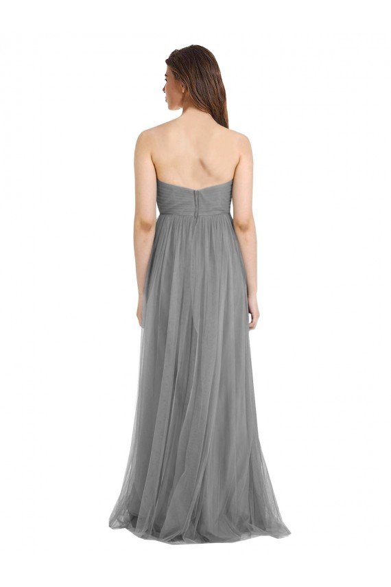 Affordable Shirred Strapless Bodice Long Tulle Bridesmaid Dress with Sweetheart Neckline