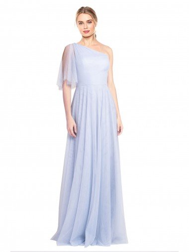 Affordable Flutter Sleeves One Shoulder Long Tulle Bridesmaid Dress
