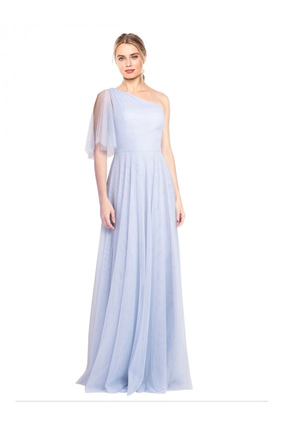 Affordable Flutter Sleeves One Shoulder Long Tulle Bridesmaid Dress