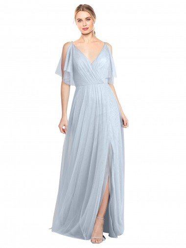 Affordable Floor Length Flutter Sleeves Long Tulle Bridesmaid Dress with Side Slit