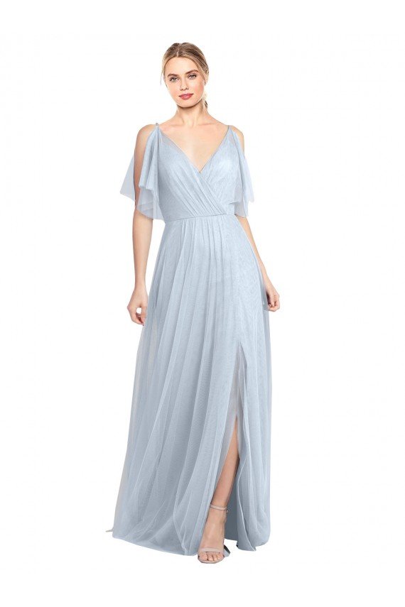 Affordable Floor Length Flutter Sleeves Long Tulle Bridesmaid Dress with Side Slit