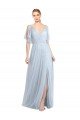 Affordable Floor Length Flutter Sleeves Long Tulle Bridesmaid Dress with Side Slit