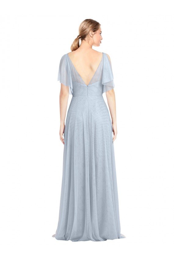 Affordable Floor Length Flutter Sleeves Long Tulle Bridesmaid Dress with Side Slit