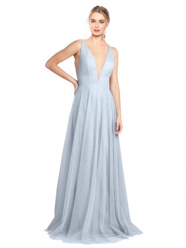Affordable Plunging Deep V-Neck Long Tulle Bridesmaid Dress with V-Back