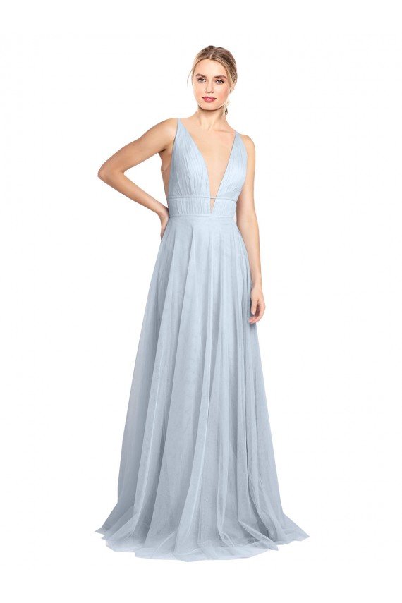 Affordable Plunging Deep V-Neck Long Tulle Bridesmaid Dress with V-Back