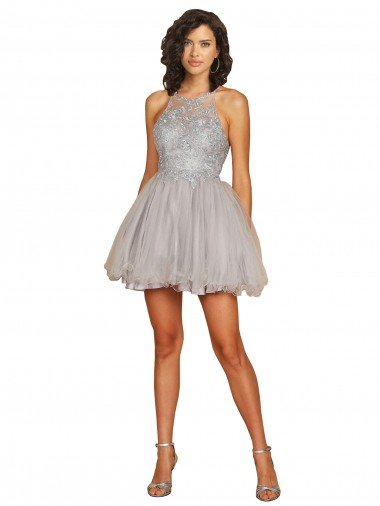 Affordable Halter Neckline Criss Cross Back Short Cocktail Dress with Beaded Lace Bodice
