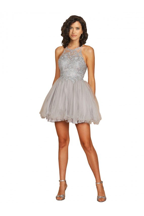 Affordable Halter Neckline Criss Cross Back Short Cocktail Dress with Beaded Lace Bodice