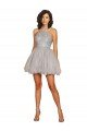 Affordable Halter Neckline Criss Cross Back Short Cocktail Dress with Beaded Lace Bodice
