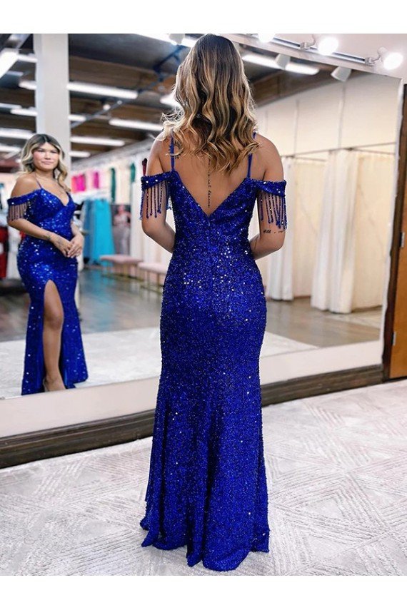 Affordable Cold Shoulder Sleeveless Long Floor Length Velvet Sequin Prom Dress with Slit