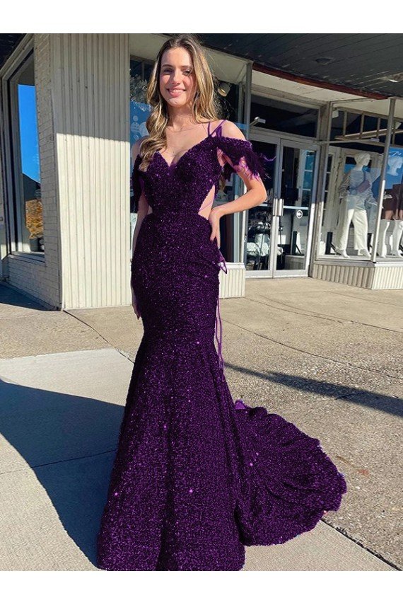 Affordable Cold Shoulder Sleeveless Long Court Train Velvet Sequin Prom Dress