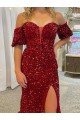 Affordable Off the Shoulder Short Sleeves Long Floor Length Velvet Sequin Prom Dress with High Slit