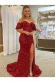 Affordable Off the Shoulder Short Sleeves Long Floor Length Velvet Sequin Prom Dress with High Slit