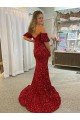 Affordable Off the Shoulder Short Sleeves Long Floor Length Velvet Sequin Prom Dress with High Slit