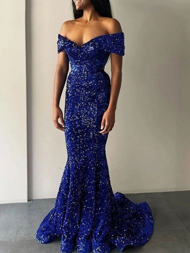 Affordable Mermaid Off the Shoulder Sleeveless Long Sweep Train Velvet Sequin Prom Dress