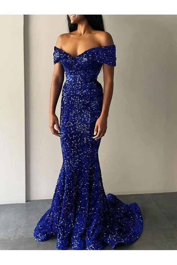 Affordable Mermaid Off the Shoulder Sleeveless Long Sweep Train Velvet Sequin Prom Dress