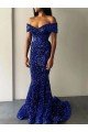 Affordable Mermaid Off the Shoulder Sleeveless Long Sweep Train Velvet Sequin Prom Dress